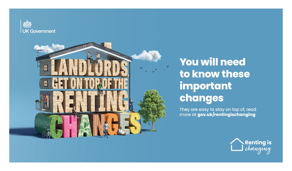 Building with text 'Landlords get on top of the renting changes' in colourful letters against a blue sky background.
