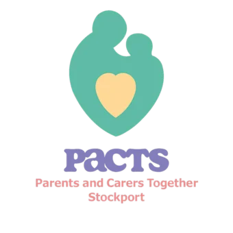 A graphic representing a parent and child with the words Pacts - Parents and carers Together Stockport