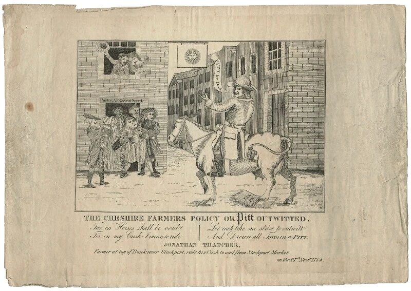 A historical drawing representing Jonathan Thatcher's protest against the then Prime Minister Pitt.