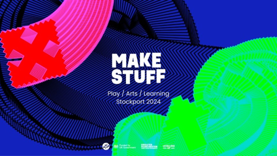 The Make Stuff logo: stylised, wonky text, on a background made of neon-coloured , abstract 3D shapes.