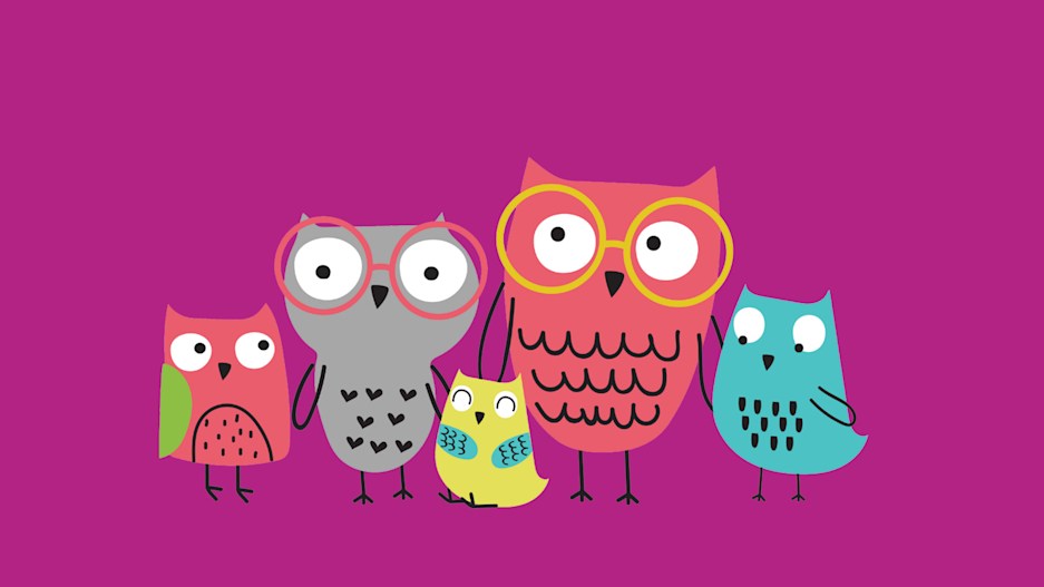 A family of cartoon owls on a dark pink background.