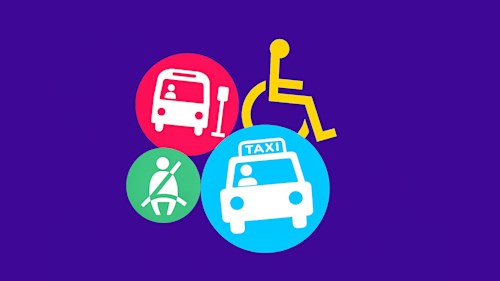 Accessibility and transport symbols set against a dark purple background. These are the wheelchair/disability symbol, a person wearing a seatbelt, a taxi, and a bus pulling into a bus stop.
