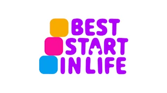 The logo for Best Start in Life, which is made up of 3 squares resembling building blocks (in bold yellow, pink and blue), and purple lettering reading 'Best Start in Life'.
