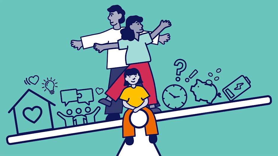 A cartoon of a man and woman balancing on a see-saw. On either side of them are symbols representing different aspects of life that they're trying to balance: a house with a heart symbol within it, a group of people with speech bubbles coming from them, a clock, a piggy bank, and a battery. On the front of the see-saw sits a young, smiling child.