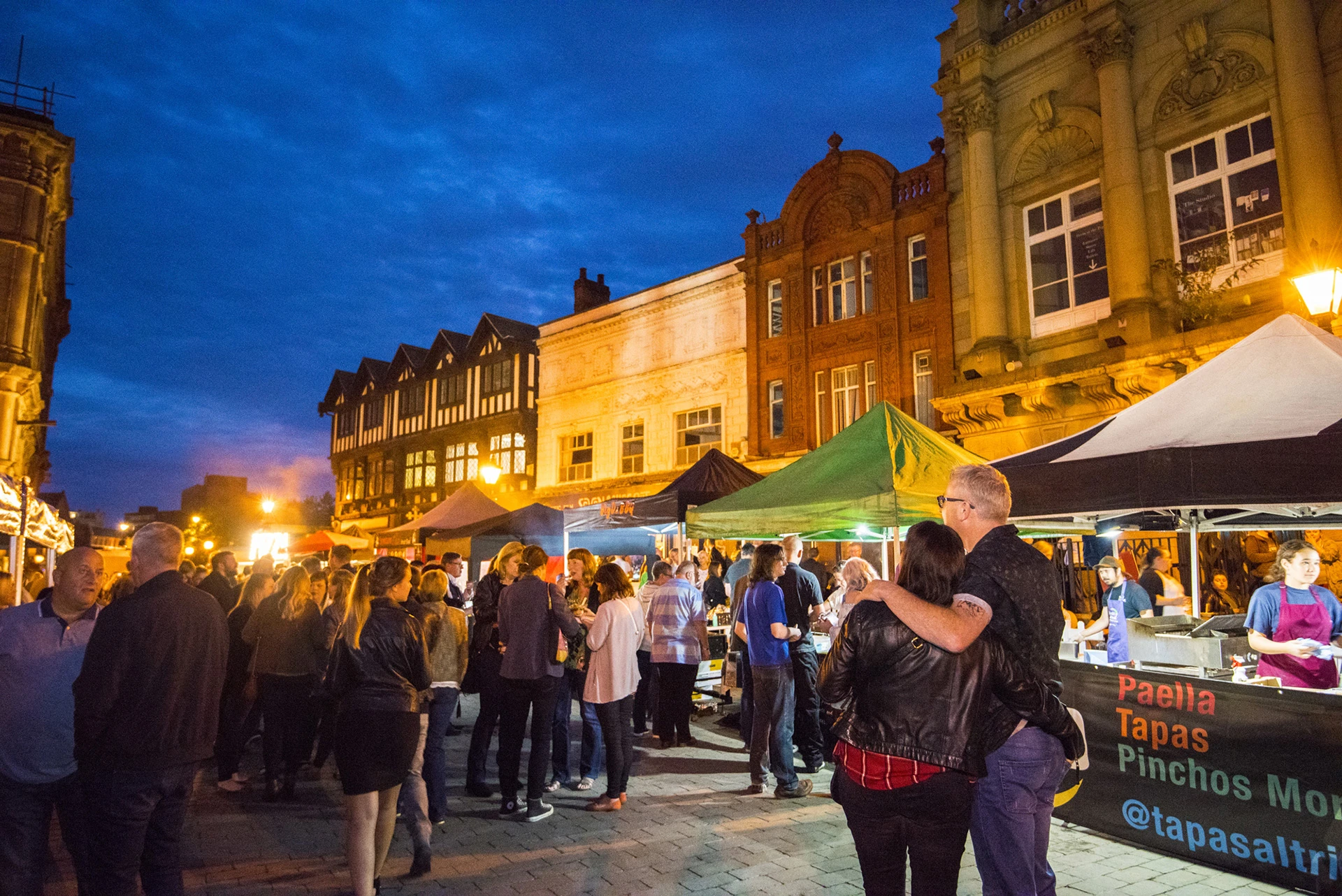 Foodie Friday in Stockport Market Place at night