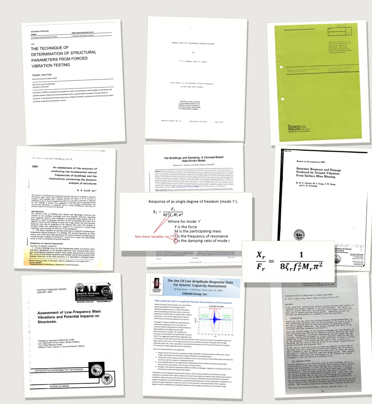 Archival collage of nine research pages and two equation graphics from the STRAAM Group article on the history of forced vibration tests. Composed for the History of Load Test Methodology insight.