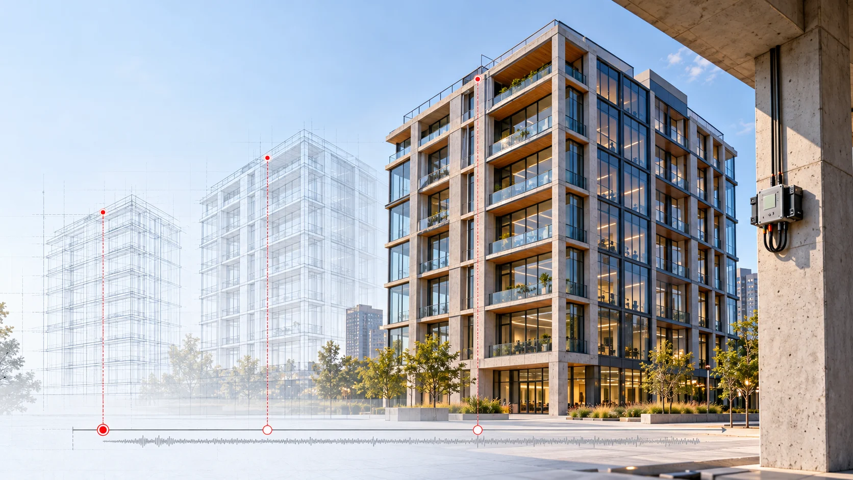 Modern building with measurement points and a structural response waveform overlaid.