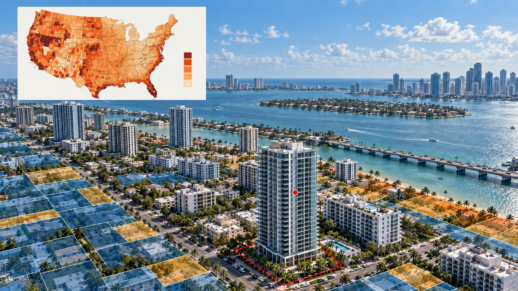Coastal city skyline and waterfront with an inset United States map shaded in orange.