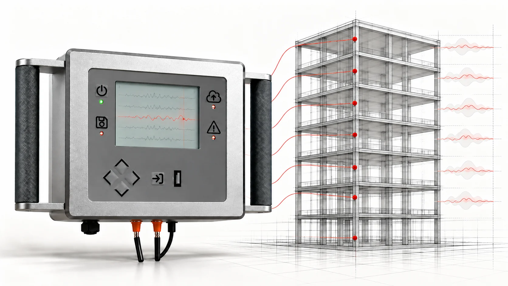 Structural monitoring device connected to measurement points and response traces on a building model.