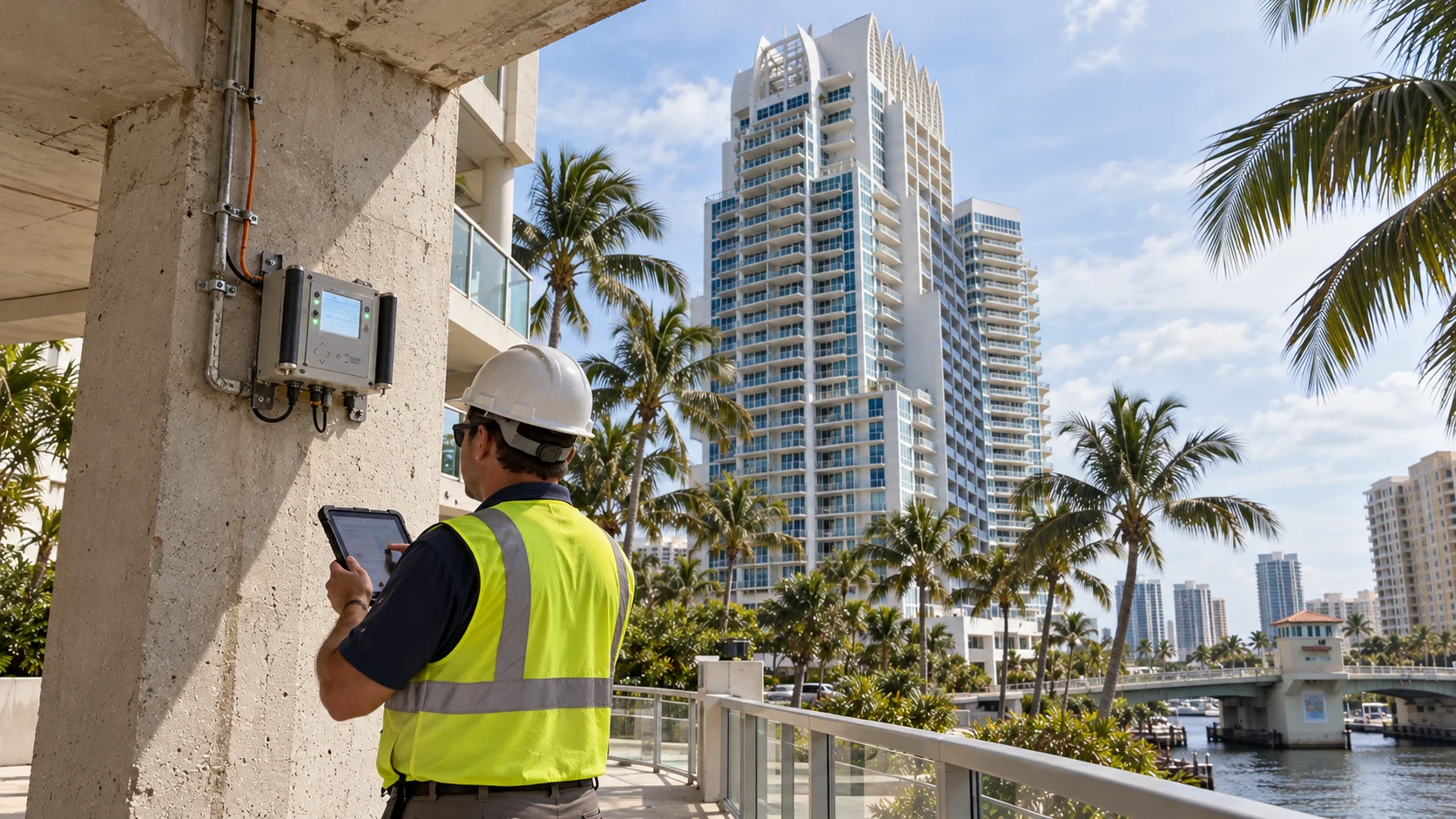 Engineer in a high visibility vest checks a mounted sensor beside a coastal high-rise.