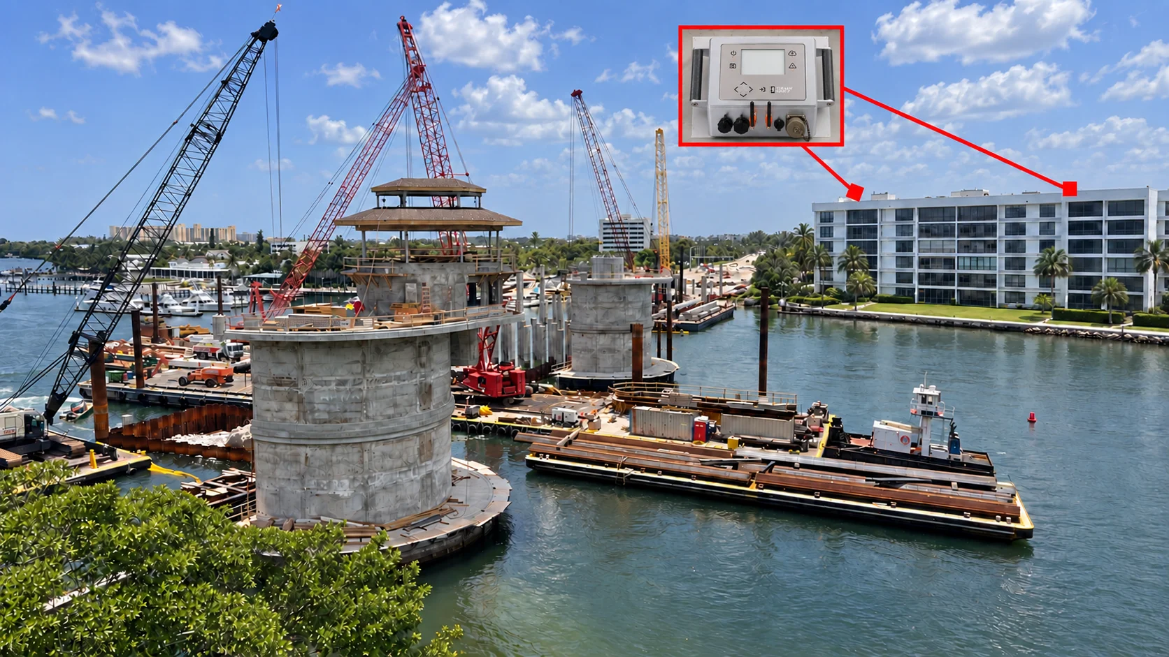 Owner-provided waterfront construction service image updated with supplied Soteria product photography in the inset.