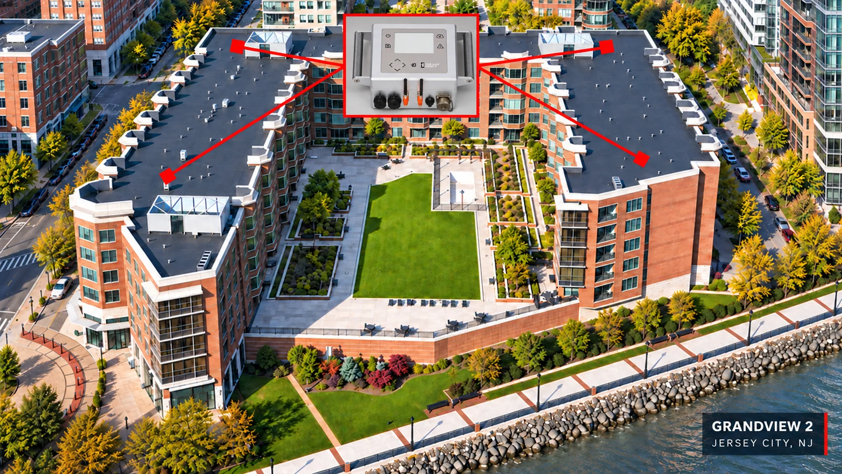 Owner-provided Grandview 2 service image updated with supplied Soteria product photography. The arrows indicate illustrative sensor locations.