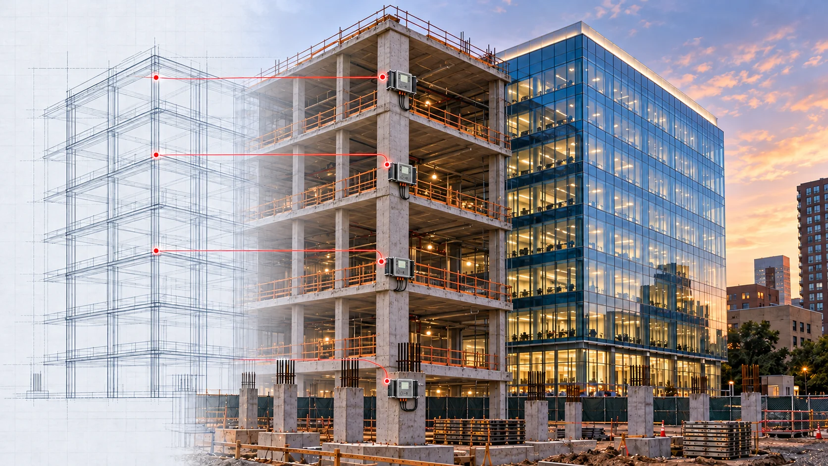 Building under construction beside a completed glass building, with monitoring points and measurement lines.