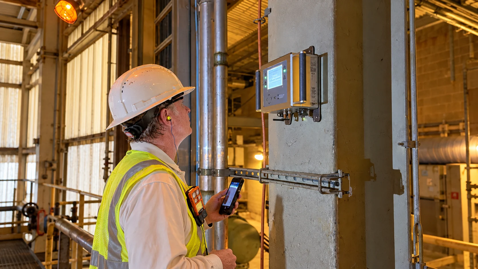 Engineer inspecting vibration monitoring equipment mounted on an industrial column.