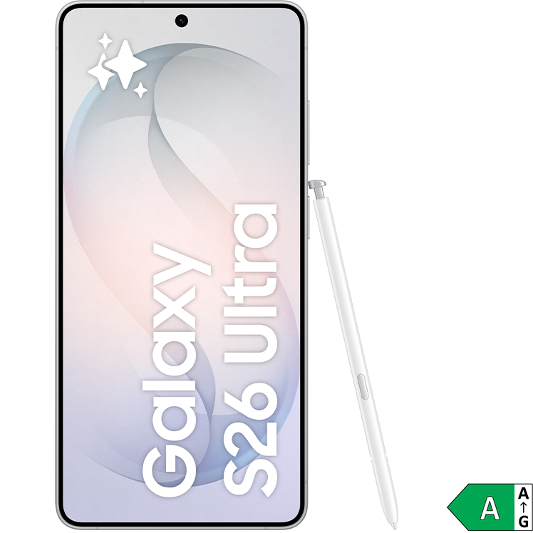Samsung Galaxy S26 Ultra-smartphone med vit bakgrund och en vit S Pen-penna bredvid. Energimärkning A visas i hörnet.