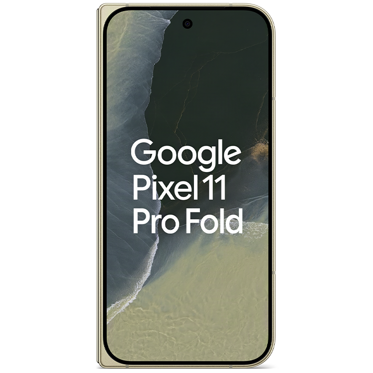 Google Pixel 11 Pro Fold visad framifrån i ljusgul färg med en strandvy på skärmen.