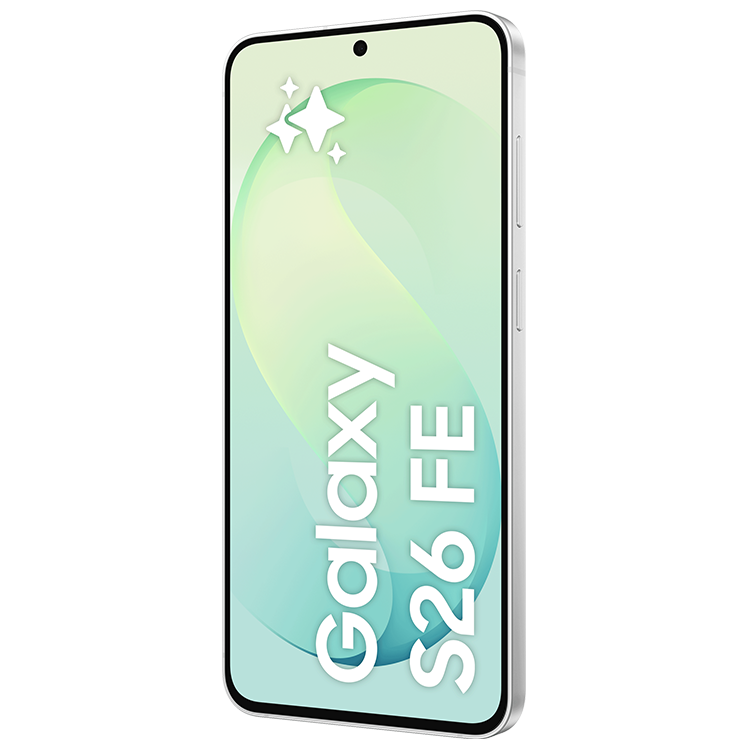 Samsung Galaxy S26 FE smartphone i grön färg, visad framifrån med en grön gradient på skärmen.