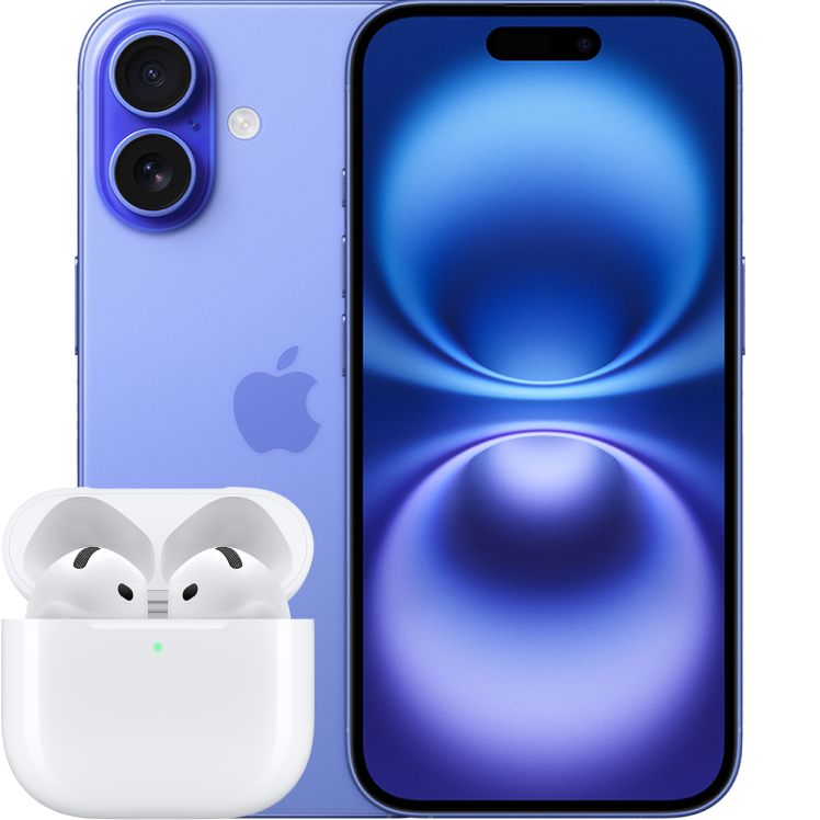 Blå iPhone 16 visad fram- och bakifrån med dubbla kameror, tillsammans med vita AirPods i öppet laddningsfodral.
