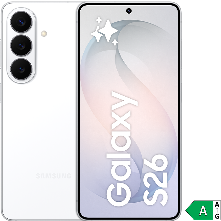 En vit Samsung Galaxy S26 smartphone med trippelkamera, visande en elegant skärm med gradienter och energimärkning A.