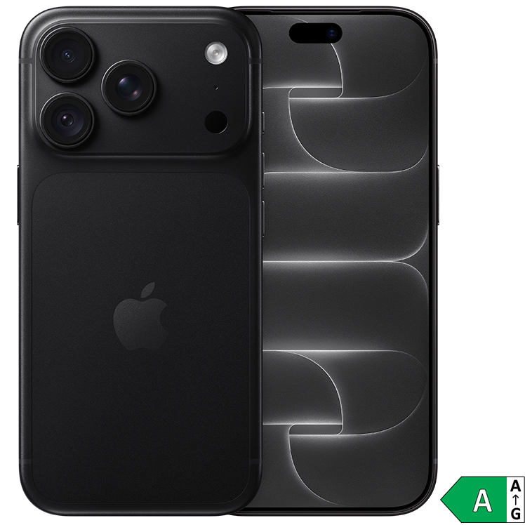 Apple iPhone 18 Pro i svartfärg, visad från bak- och framsidan med trippelkamera och energiklass A-märkning.