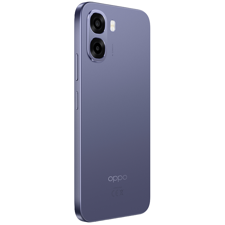 OPPO-smartphone i lila med mönstrad baksida och dubbla kameror, visad från sidan.