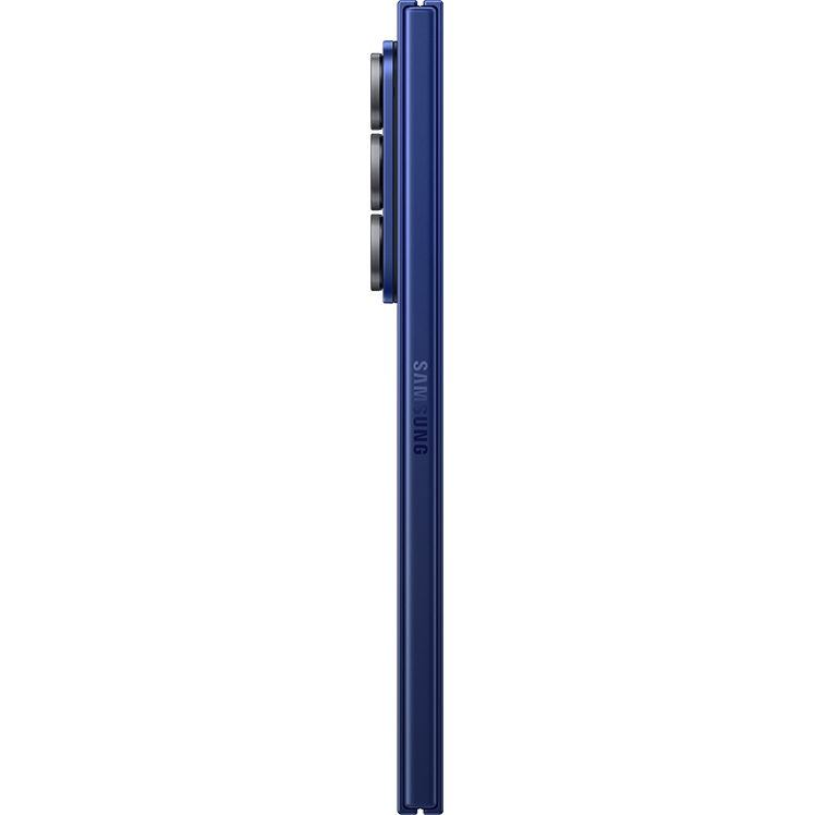 Samsung Galaxy Z Fold7 i blått, visad från sidan i hopfällt läge, med Samsung-logotypen längs kanten.