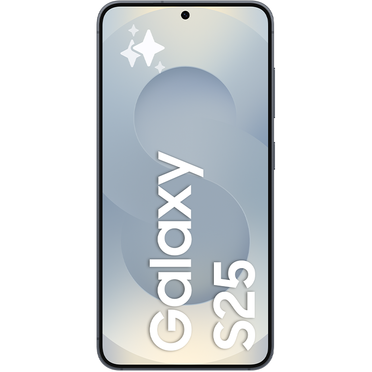 En Samsung Galaxy S25 smartphone med ljusblå bakgrund och gnistrande stjärnor i övre hörnet.