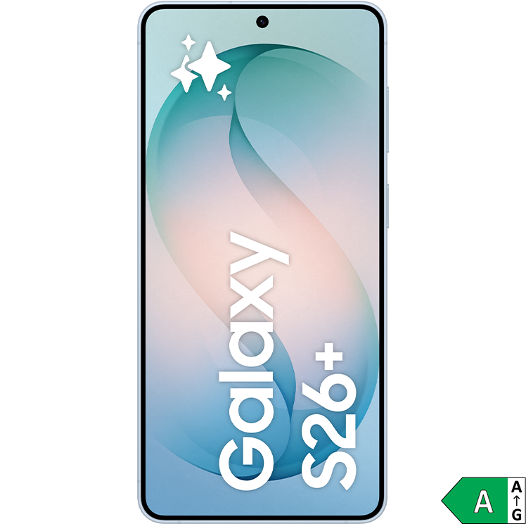 Samsung Galaxy S26+ smartphone med pastellfärgad bakgrund och energimärkning A i grönt.
