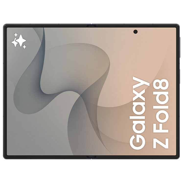 Samsung Galaxy Z Fold8 vikbar smartphone sedd framifrån, öppnad i surfplatteläge med grå och beige skärm.
