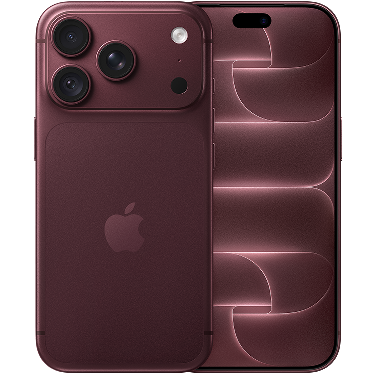 En vinröd iPhone 18 Pro visad framifrån och bakifrån, med trippelkamera och Apple-logotyp på baksidan.