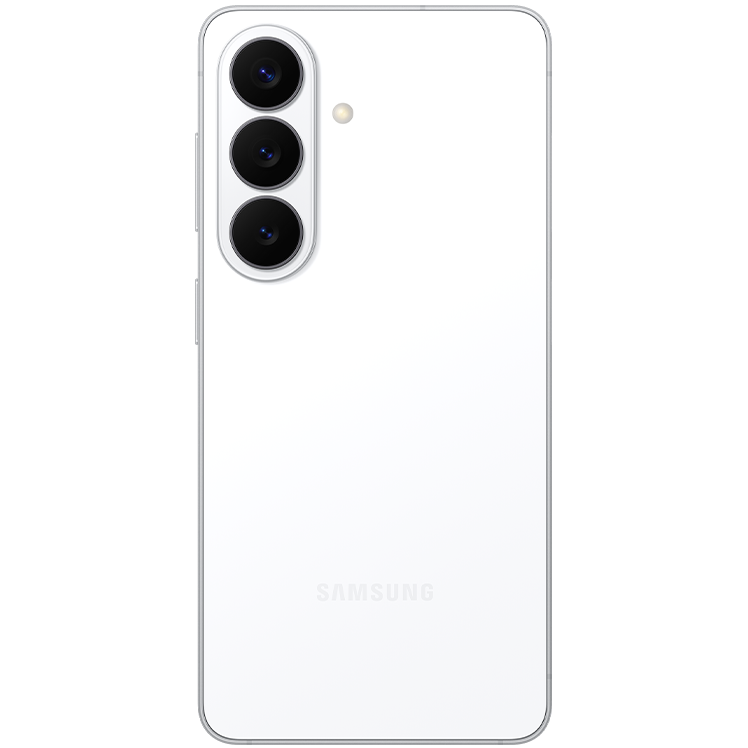 Baksidan av en vit Samsung-smartphone med tre kameror i en vertikal rad och en blixt placerad bredvid.