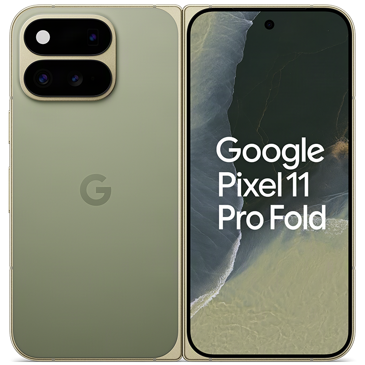 Google Pixel 11 Pro Fold i grön färg, visad från baksidan med kameramodul och framsidan med skärm tänd.