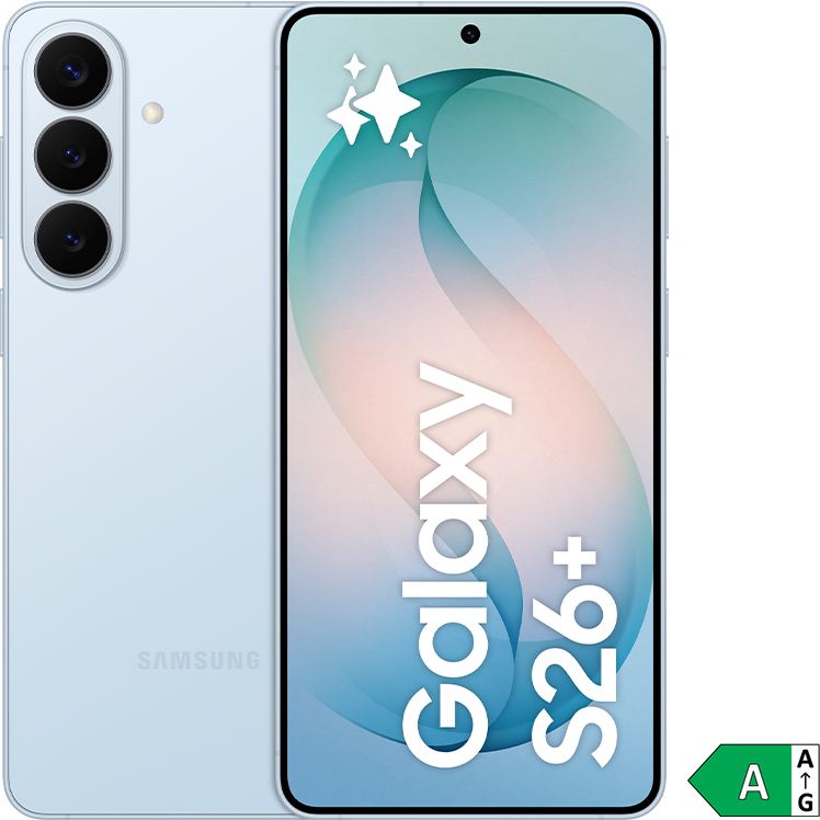 En ljusblå Samsung Galaxy S26+ smartphone med trippelkamera, visande en elegant skärm med gradienter och energimärkning A.
