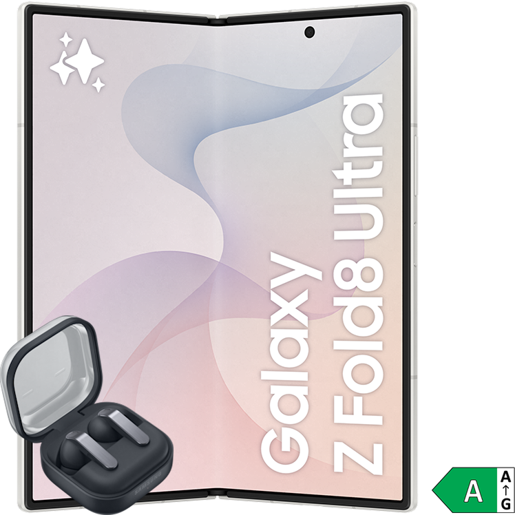 Samsung Galaxy Z Fold8 Ultra i vitt, öppen vy, med svarta trådlösa hörlurar i laddningsfodral och energimärkning A.
