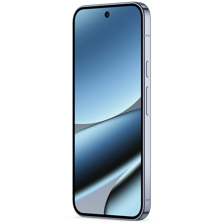 Modern Google Pixel 10 Pro med ljusgrå ram och minimalistisk design, visar en abstrakt blå bakgrundsbild på skärmen.