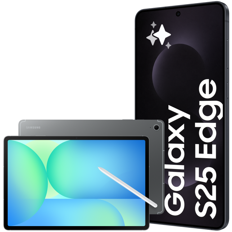 Samsung Galaxy S25 Edge-smartphone och surfplatta med penna, visade sida vid sida mot vit bakgrund.