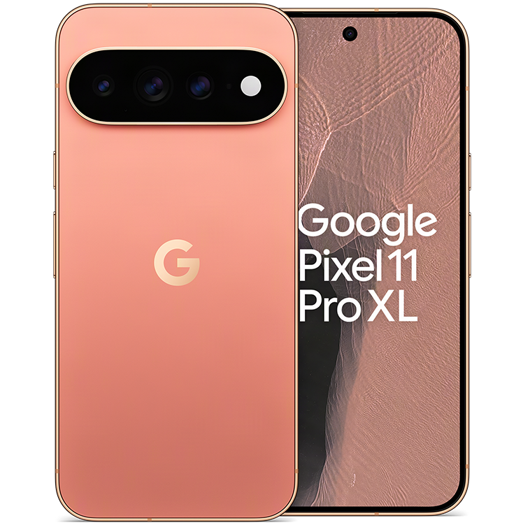 Google Pixel 11 Pro XL smartphone i rosa färg, visad från bak- och framsida med trippelkamera.