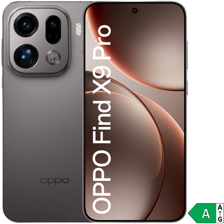OPPO Find X9 Pro smartphone visad från fram- och baksida i grå färg med trippelkamera och energiklass A-märkning.