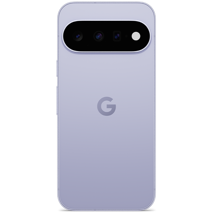Google Pixel 11 sedd bakifrån i ljusblå färg med trippelkamera och Google-logotyp.