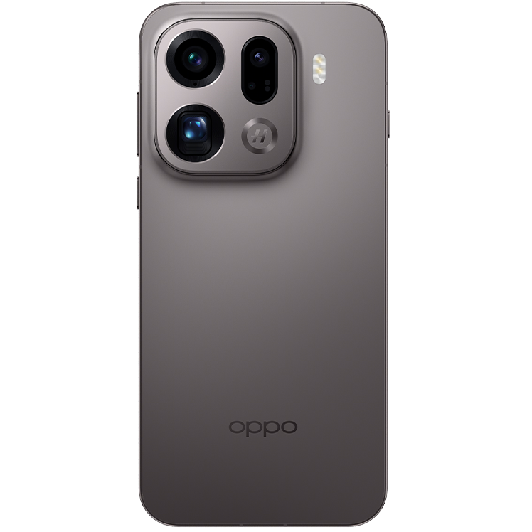 Baksida av en grå OPPO-smartphone med trippelkamerasystem och OPPO-logotyp nedtill.