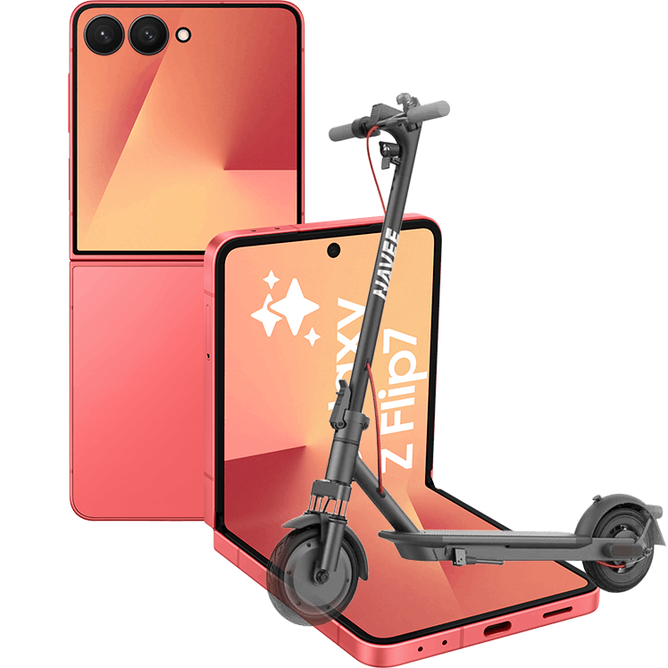 Korallfärgad Samsung Galaxy Z Flip-telefon visad både hopfälld och uppfälld, med dubbla kameror och logotyp på skärmen tillsammans en svart elsparkcykel.