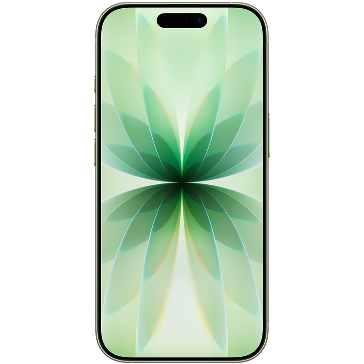 En smartphone med en skärm som visar ett abstrakt grönt blomliknande mönster med överlappande genomskinliga blad.