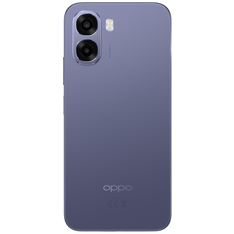 Baksida av en lila OPPO-smartphone med dubbla kameror och ett bladmönster på höljet.