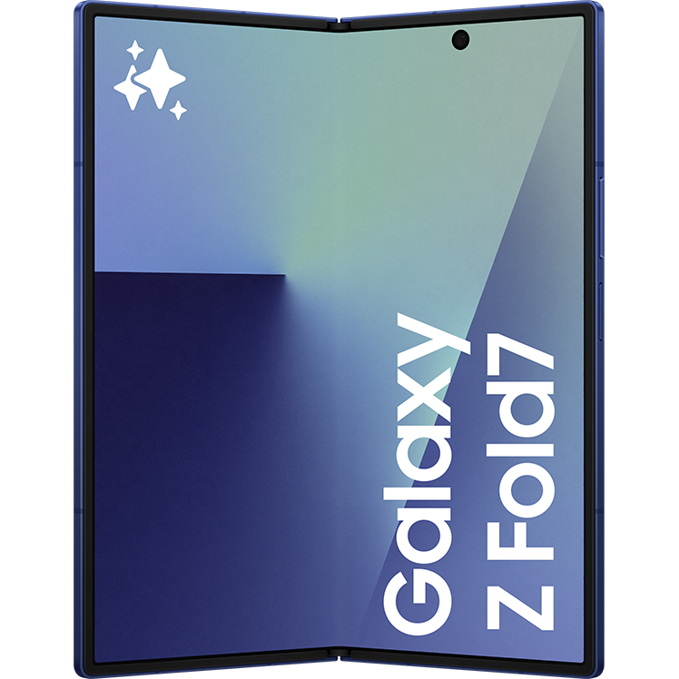 Samsung Galaxy Z Fold7 i blått, nästan helt uppvikt med inre skärm aktiv, visad framifrån.