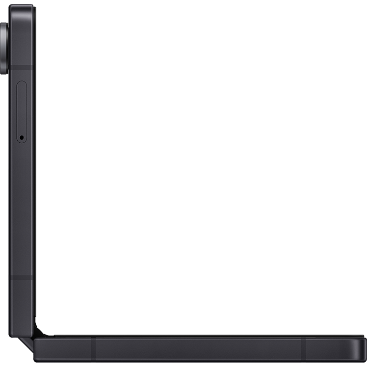 Närbild på hörnet av en svart Samsung Galaxy Z Flip7, som visar dess tunna profil och kanter.