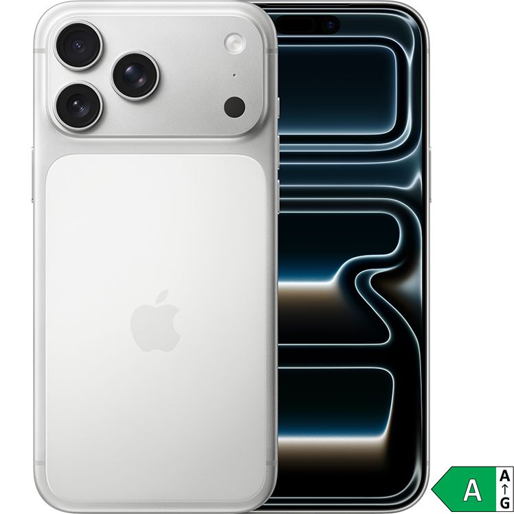 Silverfärgad iPhone 17 Pro Max med tre kameror bredvid en abstrakt blå bakgrund med ljusa linjer. En grön energimärkningsetikett syns i hörnet.