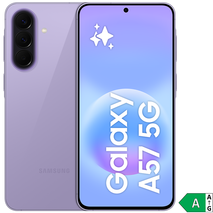 Lila Samsung Galaxy A57 5G-smartphone med ljusblå skärm som visar produktnamnet och dekorativa stjärnor. Energiklass A visas i hörnet. 