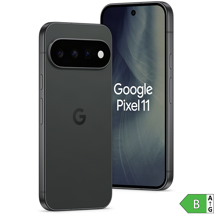 Google Pixel 11 smartphone i svart färg, visad från bak- och framsida med trippelkamera och energiklass B-märkning.