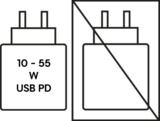 Två USB PD-laddare, en aktiv märkt "10-55 W USB PD" och en överkryssad inaktiv.