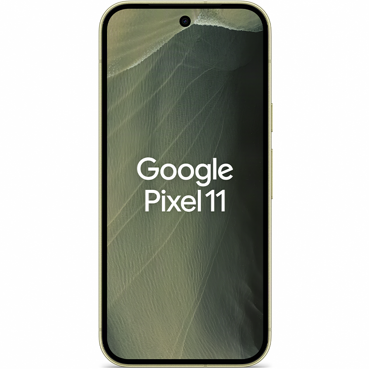 Google Pixel 11 smartphone framifrån med grön skärm som visar texten "Google Pixel 11" i vitt.